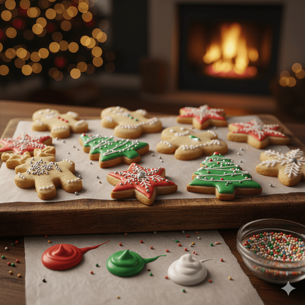 Christmas cookies decorated with icing and sprinkles