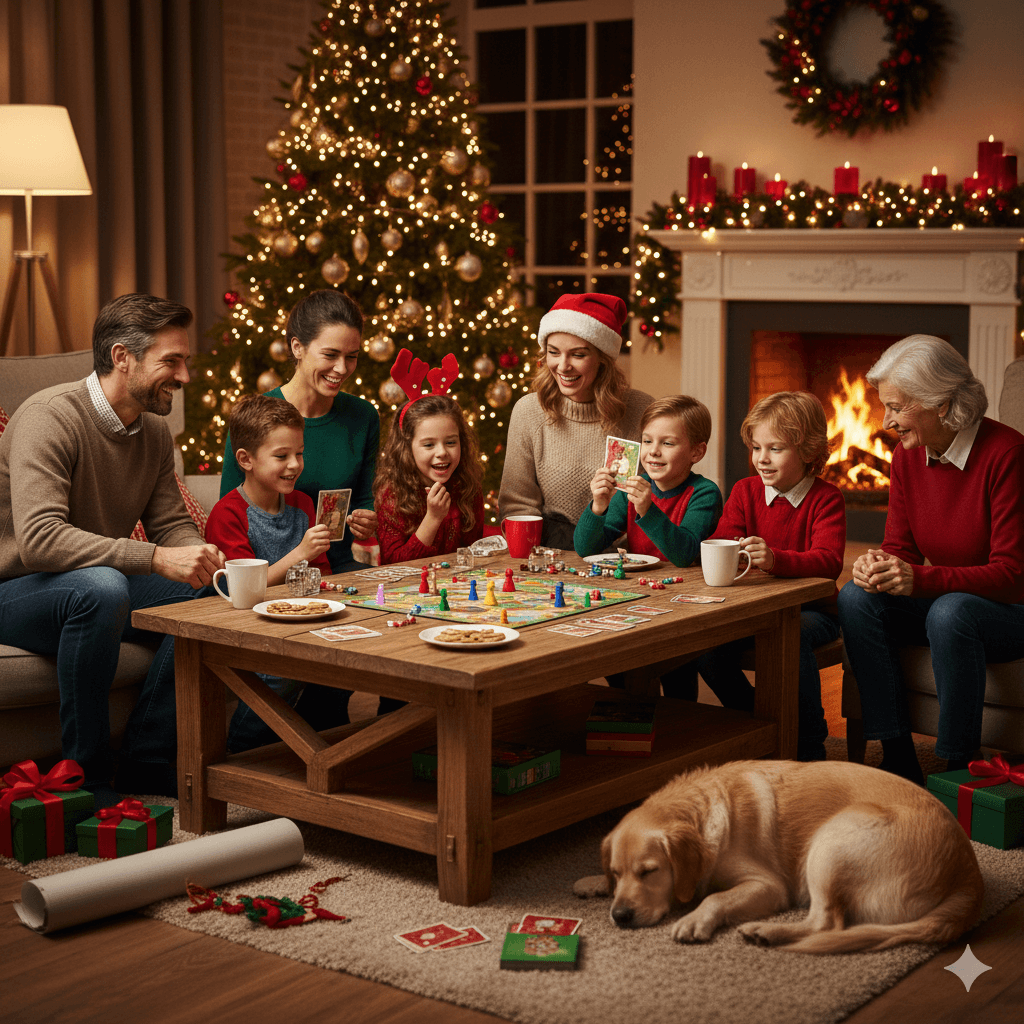 Family playing Christmas games together